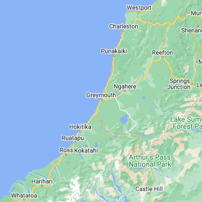 Map showing location of Greymouth (-42.466670, 171.200000)