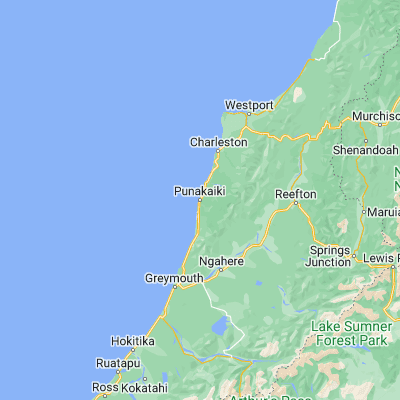 Map showing location of Punakaiki (-42.108790, 171.336810)