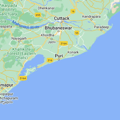 Map showing location of Puri (19.800000, 85.850000)