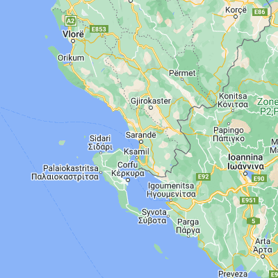 Map showing location of Sarandë (39.875560, 20.005280)