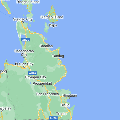 Map showing location of Tandag (9.078330, 126.198610)